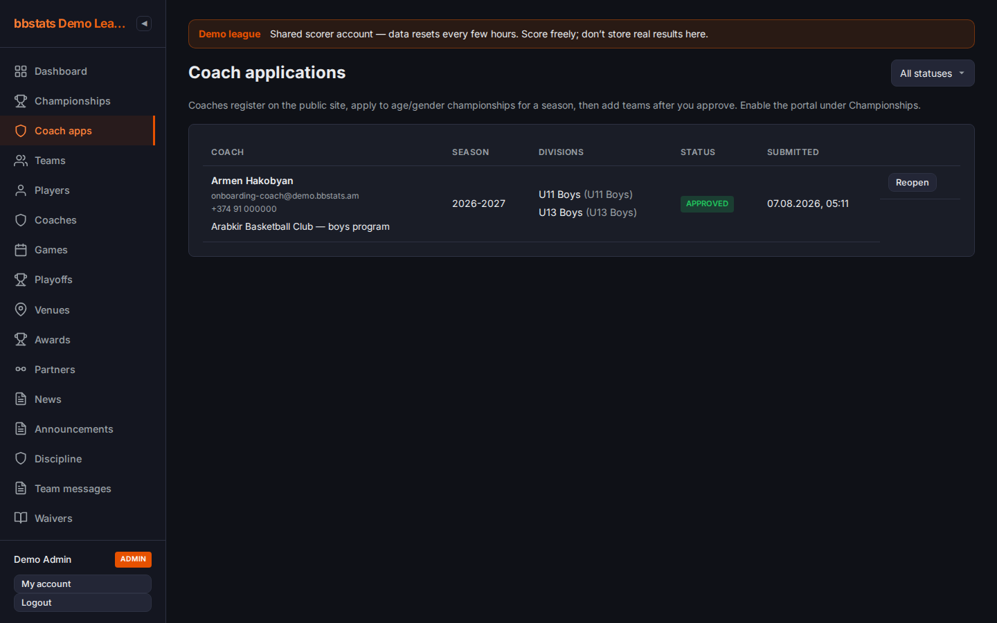 Admin Coach applications queue showing an approved coach for U11 Boys and U13 Boys