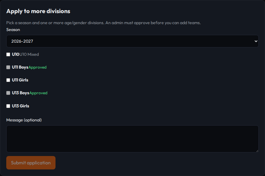 Coach applying to season 2026-2027 with checkboxes for age and gender divisions