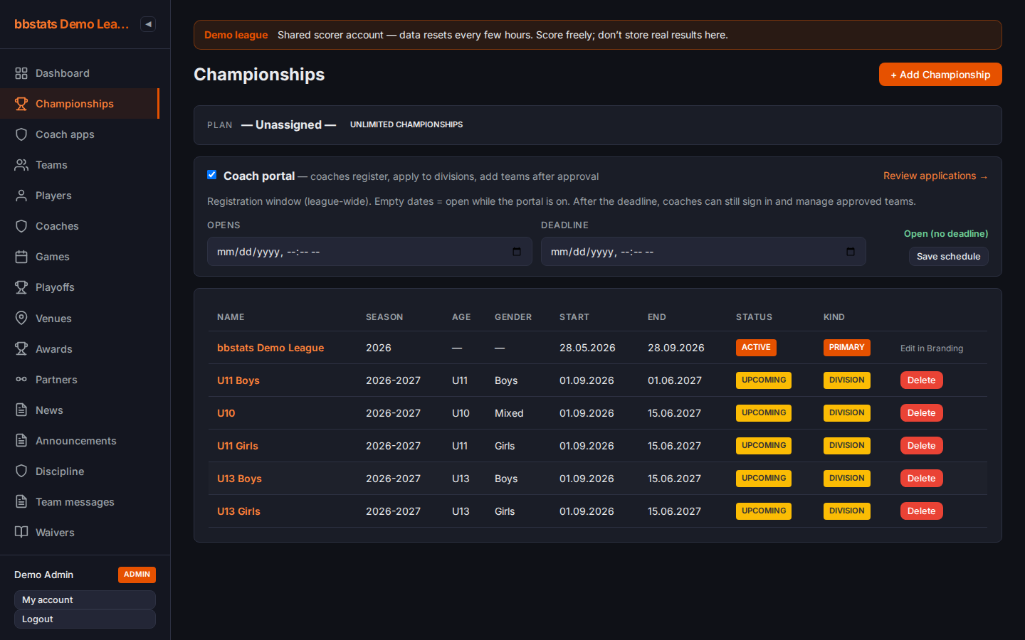 Admin Championships screen with U11 Boys/Girls and U13 Boys/Girls divisions and Coach portal enabled