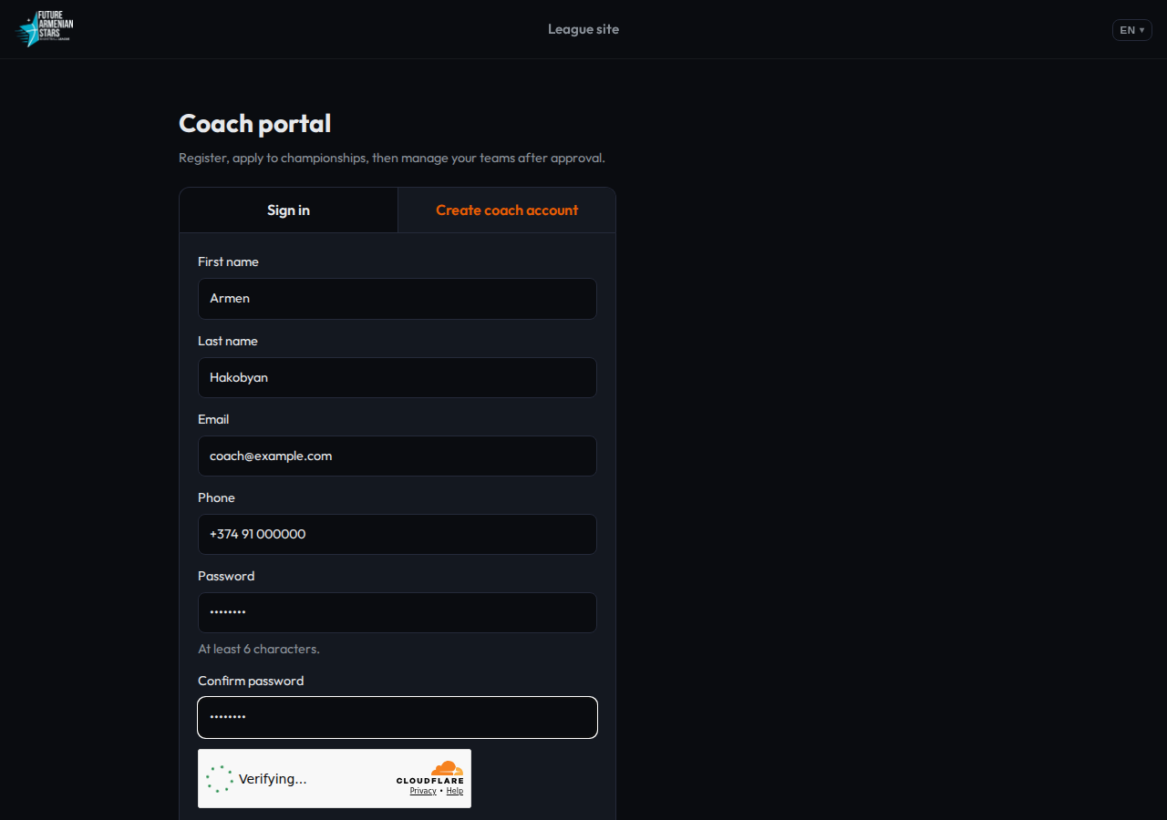 Coach portal Create coach account tab with name, email, phone, password and confirm password