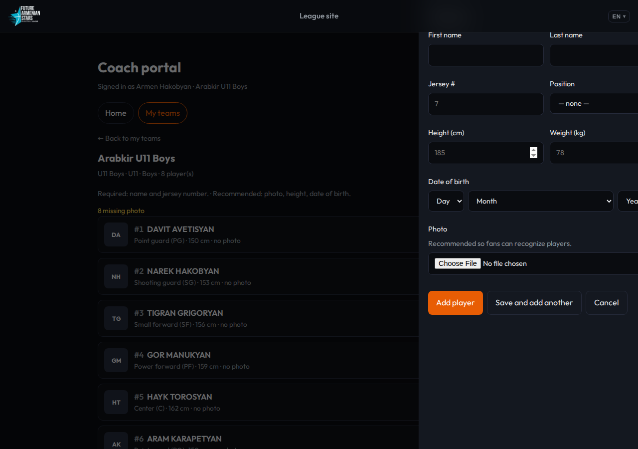 Coach roster with add-player side drawer and Save and add another
