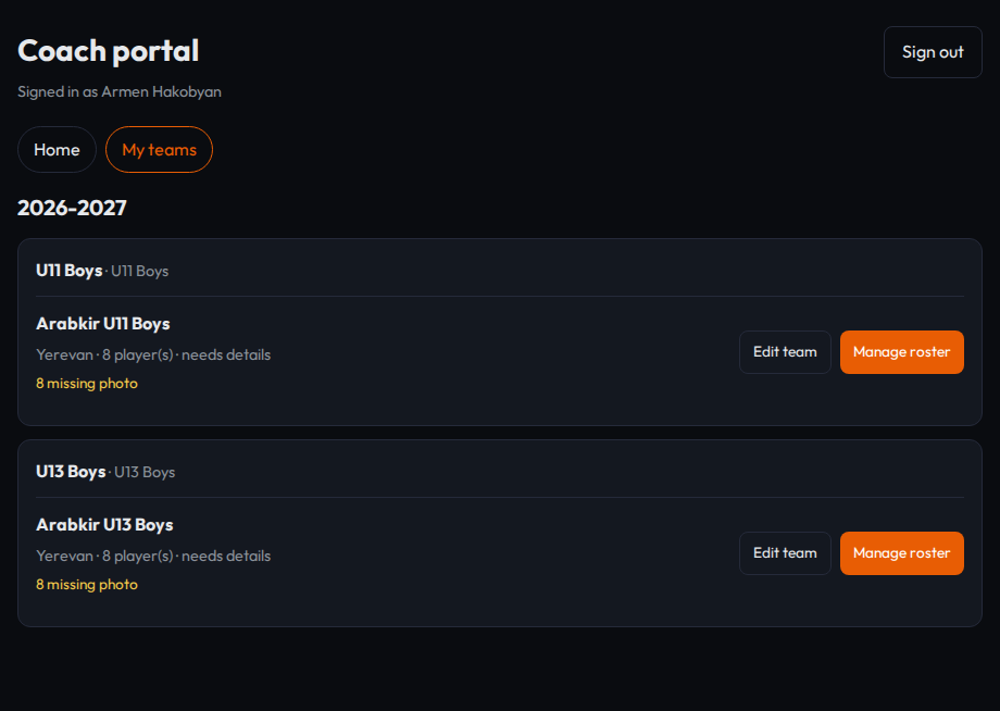 Coach My teams with one card per division, Edit team and Manage roster