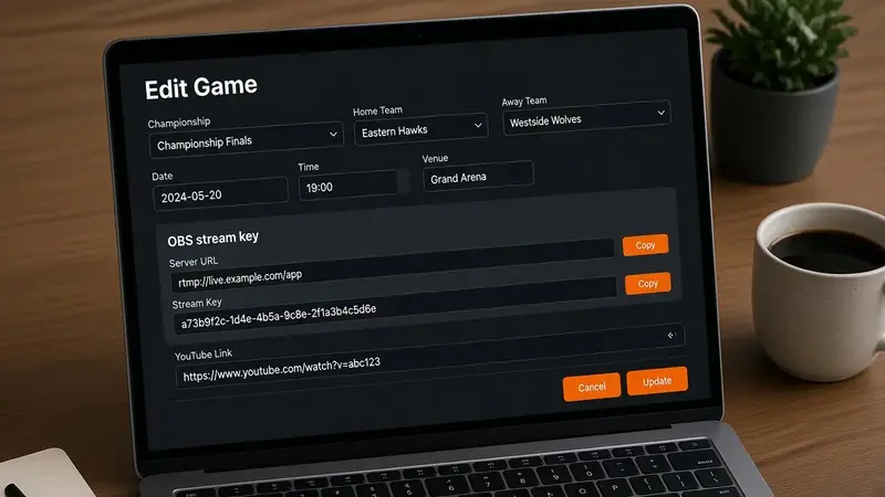 Dark admin game editor showing an OBS stream key panel and a YouTube watch link field