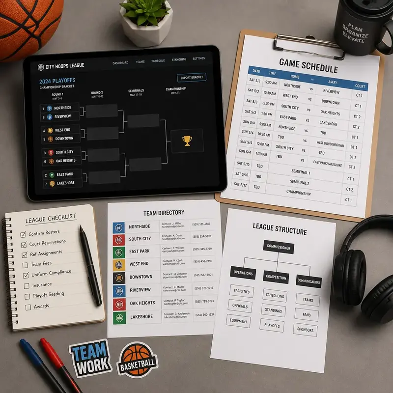 Basketball league organization workspace showing tournament management tools and scheduling materials