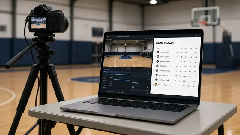 Courtside camera on a tripod and a laptop running a streaming encoder next to a basketball court