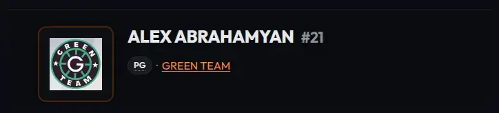 Player page header for Alex Abrahamyan showing the Green Team crest in place of a photo