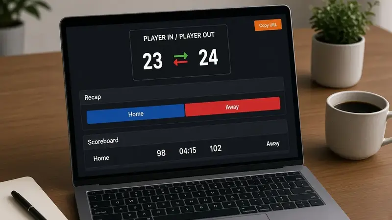 Laptop showing a stream scene with a scoreboard source, a recap source, and a substitution graphic
