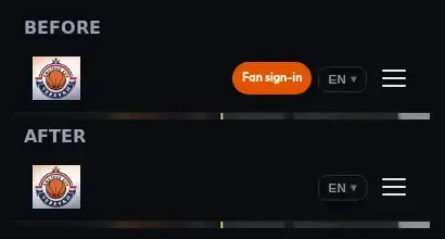 Phone header before, with an orange Fan sign-in pill next to the language switcher, and after, with only the language switcher and the menu button