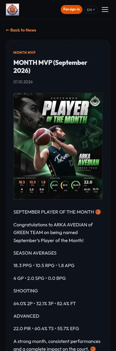 Phone view of a published Player of the Month post on evncup.bbstats.am with a designed cover image, season averages, shooting and advanced stats