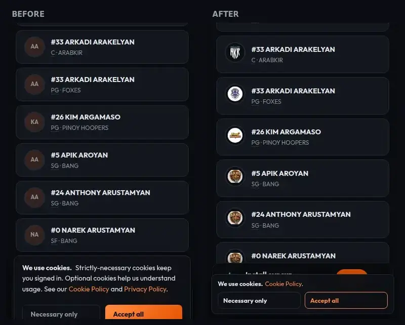 Players list on a phone before, with grey initials circles, and after, with team crests for Arabkir, Foxes, Pinoy Hoopers and Bang