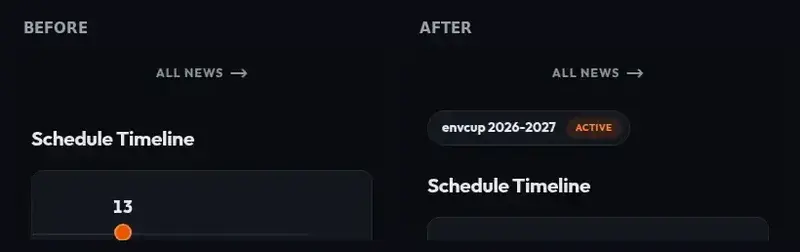 Home page on a phone below the news strip, before with nothing between All news and Schedule Timeline, and after with an envcup 2026-2027 Active pill