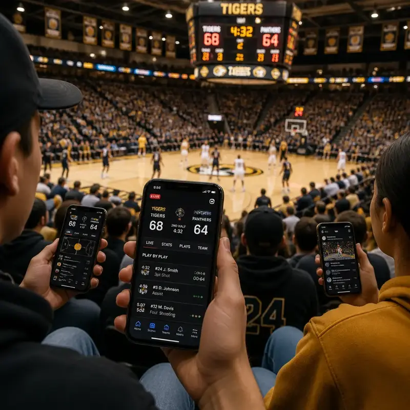 Gymnasium filled with fans watching a basketball game while checking live scores on their phones