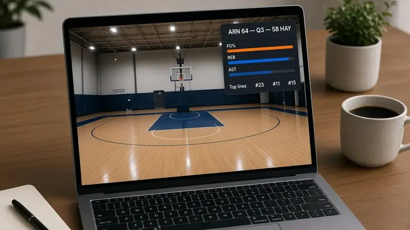Laptop on a desk showing a basketball recap overlay with team comparison bars over a court