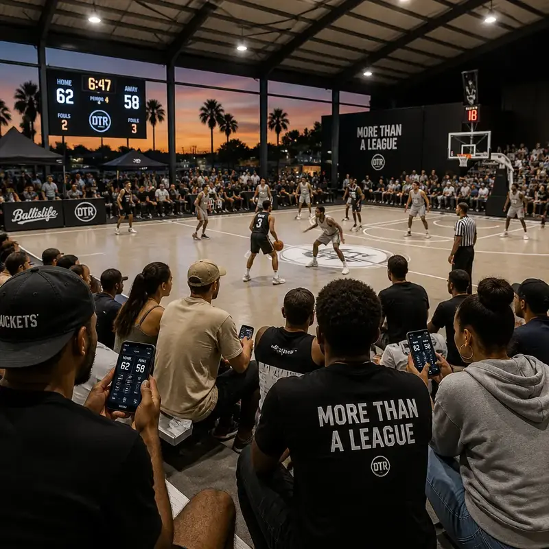Community basketball game with engaged audience in a modern league setting