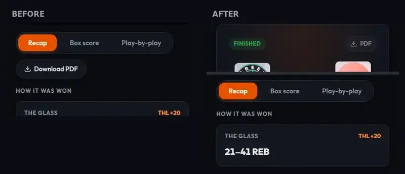 Game page on a phone before, with Download PDF under the tab row, and after, with a small PDF button in the header and a tab row that has only tabs